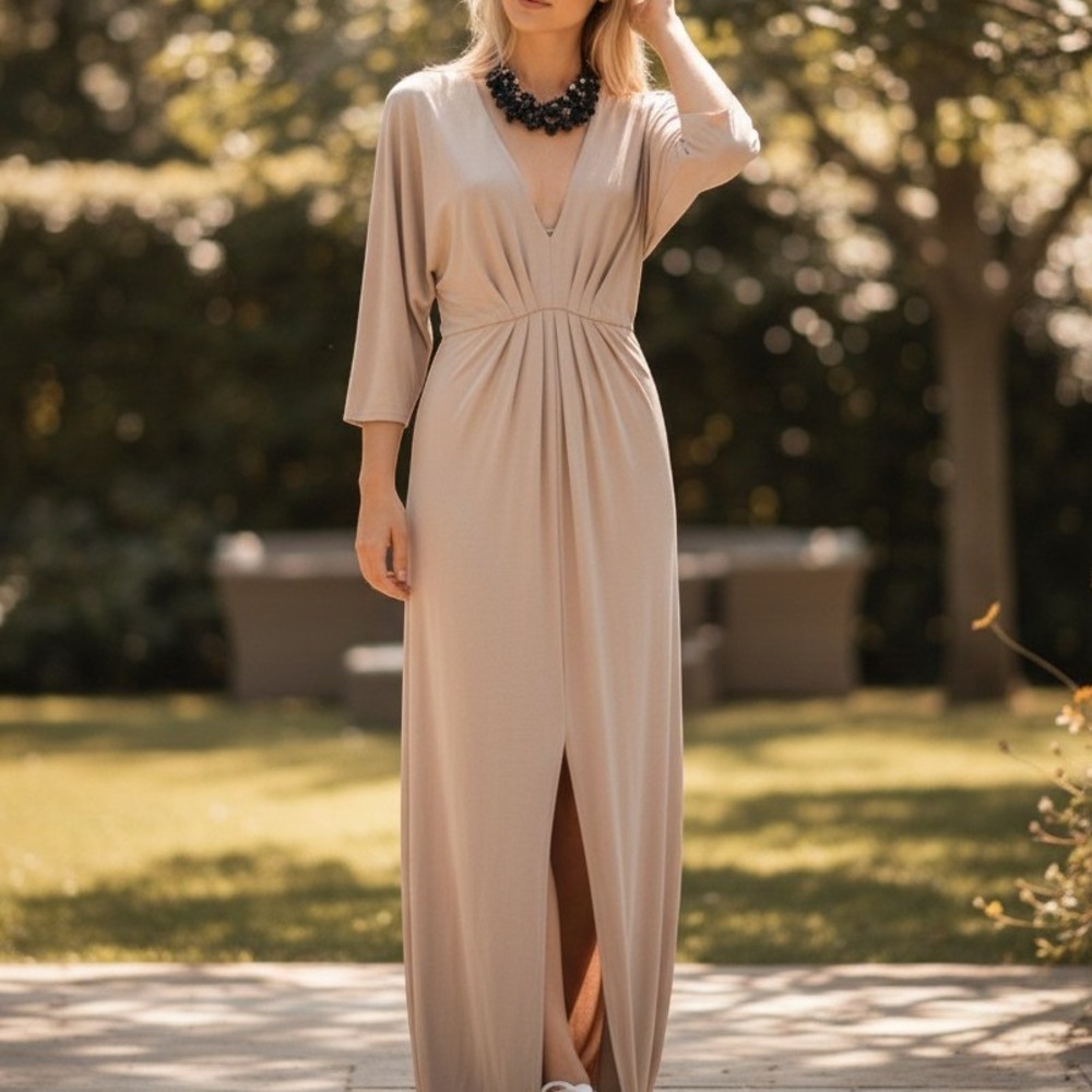 Trina Turk Dress Size 2 Taupe Deep V-Neck Gold Bar Dolman Sleeve Maxi Slit 3701